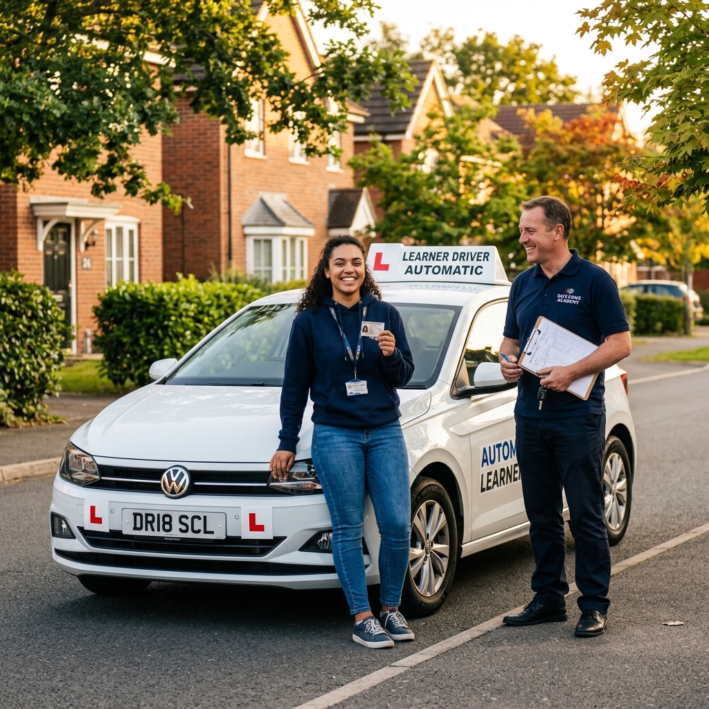 Marks Auto Driving background showing a happy student driver and a friendly instructor standing in front of a white automatic hatchback learner car with L plates and a driving school roof sign